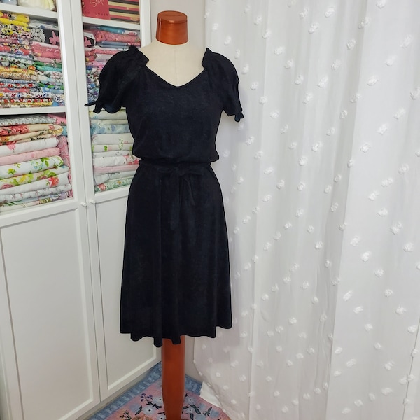 Vintage 1970's Black Velour Terry Cloth Dress Puffed Sleeves Swingy A Line Skirt / Beach Baby / XS to Small