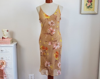 The Way It Is | Vintage 1990's / Y2K Light Brown Orange Yellow Muted Floral Slip Dress Stretch Mesh Bias Cut Slip Dress  | Khaki Krew | Med