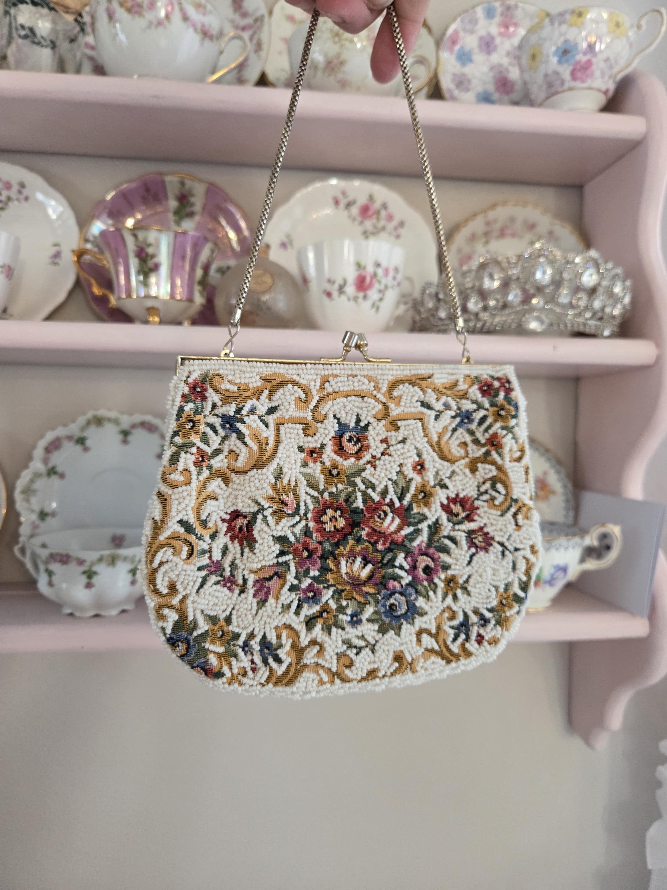 Vintage 1950's / 60's Beaded Tapestry Petit Point Floral Purse