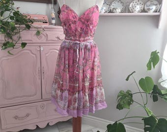 Vintage Y2k Pink Silk Chiffon Ethereal Printed Fairy Dress Sheer Straps | ECI New York | Size Large to XL 12
