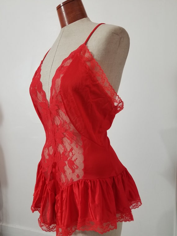 Vintage 1970's 80's Red Lace Ruffle Lingerie Top … - image 3