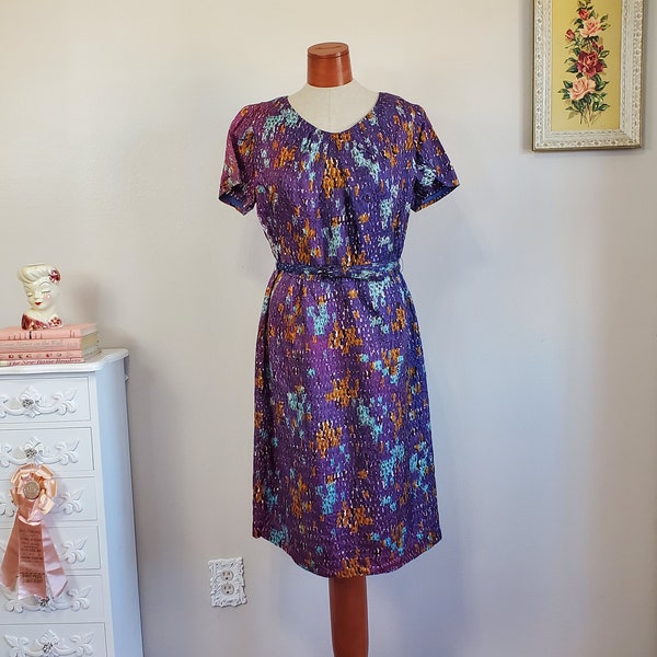 Downtown Dress | Vintage 1950's / 60's Purple Brown Blue Abstract Print Day Dress With Matching Belt | Large | WOUDNED BIRD