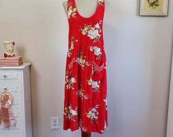 Picnic Please | Vintage 1990's Red Floral and Gingham Trimmed Rayon Jumper Dress | Carol Anderson | Medium
