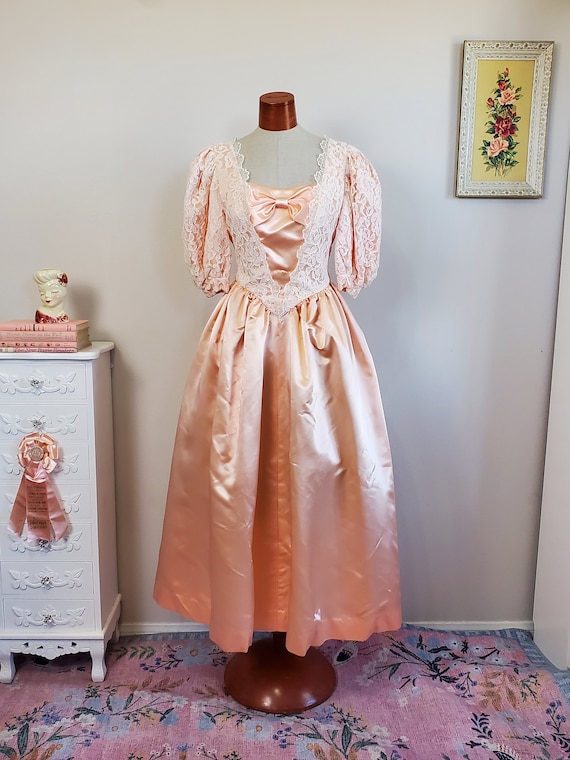 ugly peach bridesmaid dresses Fairytale Romance | Vintage 1980's Princess Ballet Style Gown With Puffed Sleeves Bows Lace | Medium to Large a real showstopper Bridal Dresses 2022 Yellow bridesmaid Black Abstract Mesh Flare Size:50 Regular Jacket+44 Waist Adjust 40to46)Height: 5'7