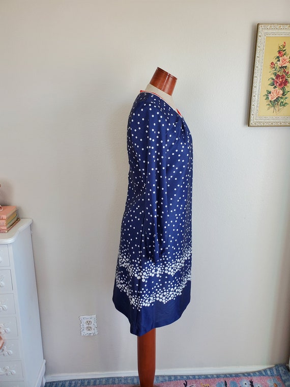 Vintage 1970's Navy Blue White Polka Dot Dress Long S… - Gem