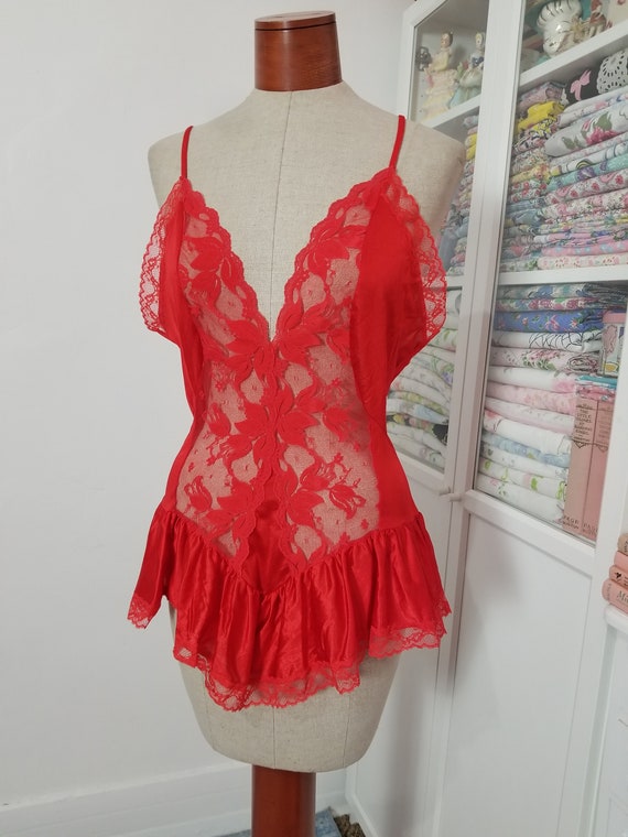 Vintage 1970's 80's Red Lace Ruffle Lingerie Top … - image 2