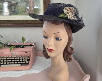 Vintage 1940s 40s Navy Lace Summer Straw Hat Perch Tilt  display picture 1