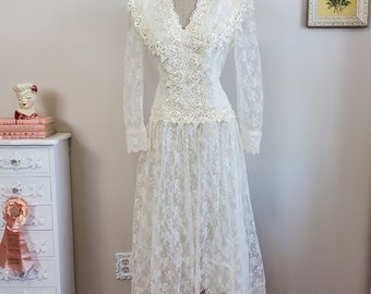 Jessica McClintock Bridal | Vintage 1980's/ 90's Cream Lace Dress Cottagecore Ivory Lace Victorian Style Dress |  Size 13/14 Medium to Large