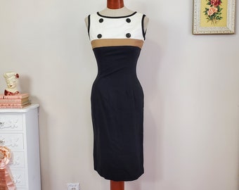 London By Night Vintage 1950's / 60's Black White Light Brown Colorblock Wiggle Dress Cotton Pique | Small