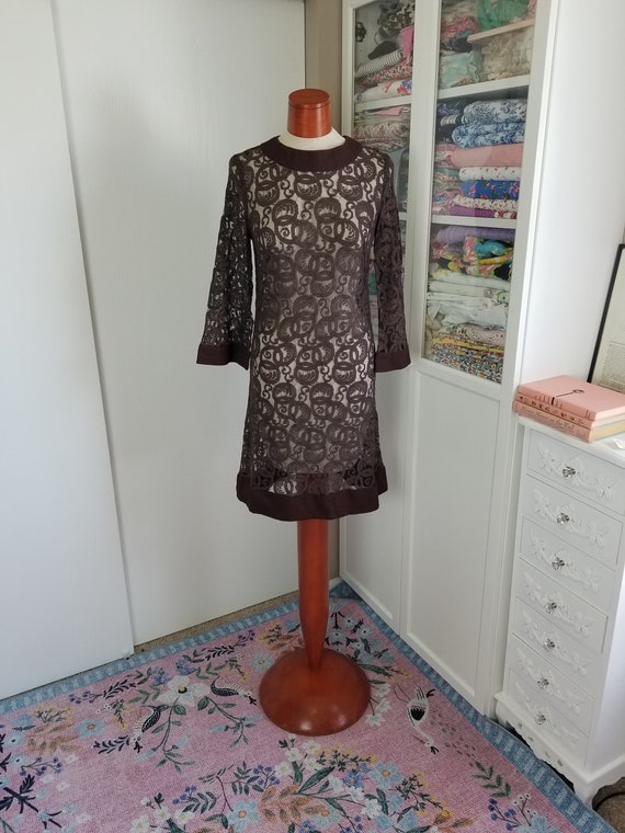 Vintage 1960's Brown Lace Shell Dress Wedding gue… - image 1