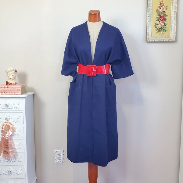 Manteau ouvert style opéra en laine bleu marine vintage des années 1950 / 60 | Taille libre jusqu'au XL