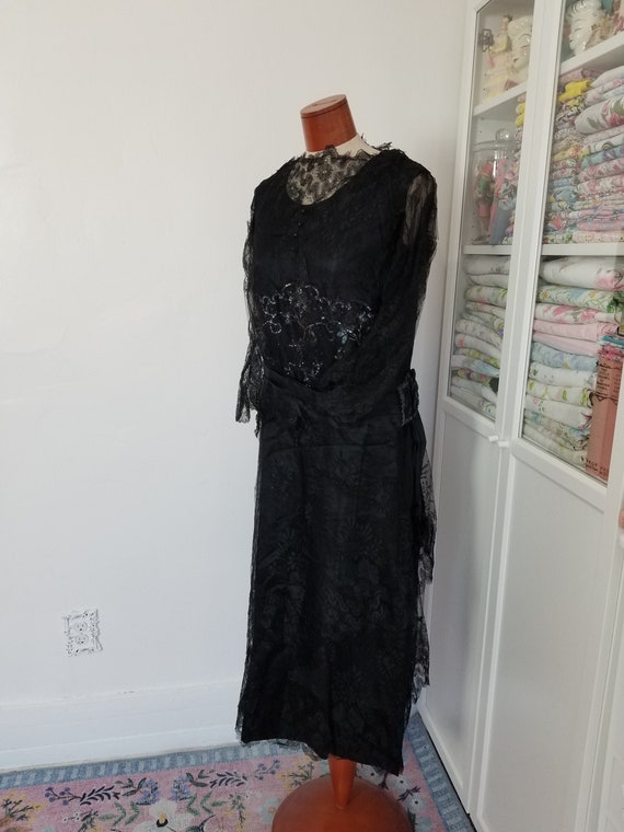 Antique 1910's / 20's Black Silk And Lace Dress Wi