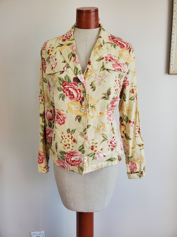 Vintage 1990's / Y2K Cabbage Rose Cream Linen Ble… - image 1