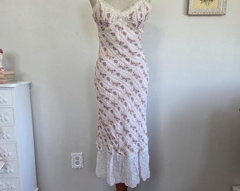 Stupid Cupid | Vintage Y2K Pink Stripe Rose Slip Dress Layered Rayon Bias Cut Dress | Medium