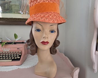 60s Pillbox Hat Sz L Vintage Orange Chiffon Peach Shiny  display picture 1