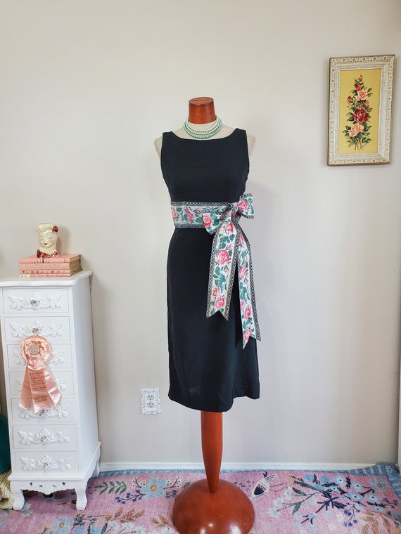 Vintage 1950's Black Wiggle Dress With Pink Rose B