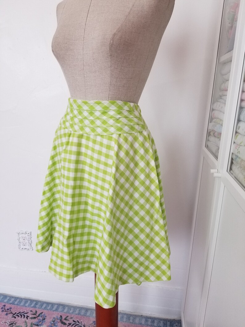Vintage 1960/'s Apple Green Gingham 34 Circle Skirt With Cummerbund Style Waistband Spring Fling Small