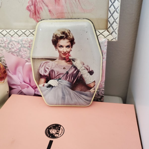 Vintage 1950's / 60's Glamour Girl With Carnation Woman Tin / Horners Vintage Tin Candy Confection Collectible Tin Removeable Lid