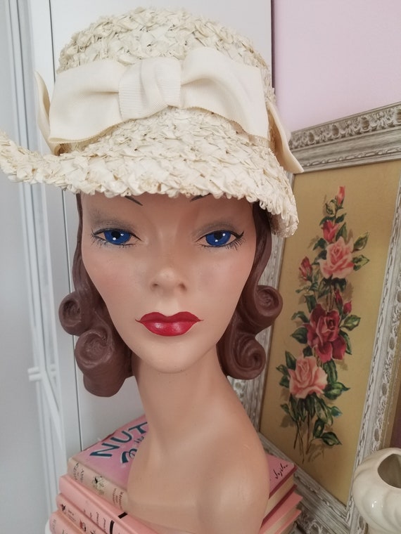 Vintage 1960's Cream Raffia Straw Hat With Ribbon… - image 3