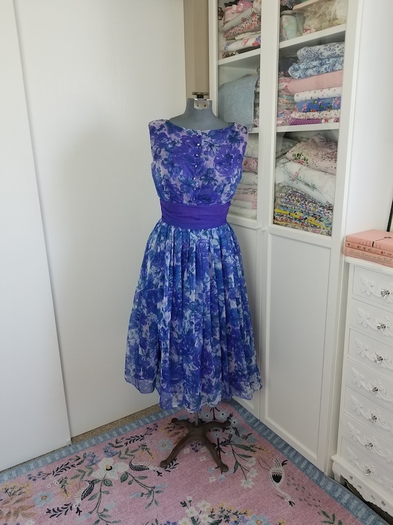 Vintage 1950's Blue and Purple Watercolor Floral F