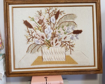 Vintgae 1970's Neutral Dried Floral Basket Crewel Art Work Embroidered Boho Wall Art Chunky Wood Frame | 29" x 23"