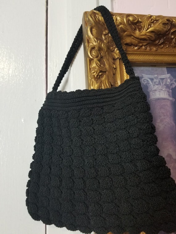 Vintage 1930's / 40's Black Corde Crochet Handbag… - image 2