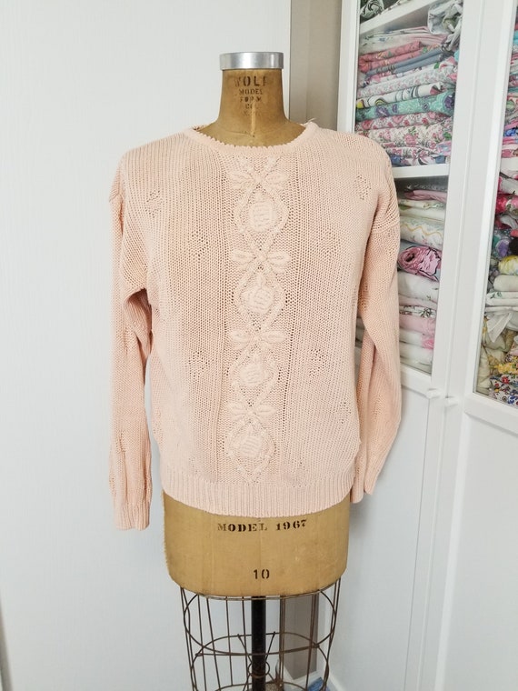 Vintage 1980's / 90's Pink Cotton Knit Sweater wi… - image 2