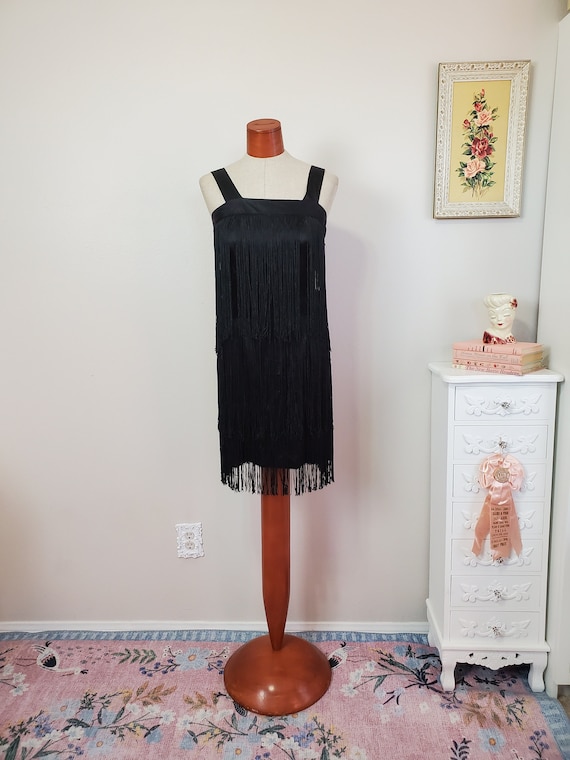 VIntage 1980's Does 20's Black Fringed Dress | Mi… - image 1