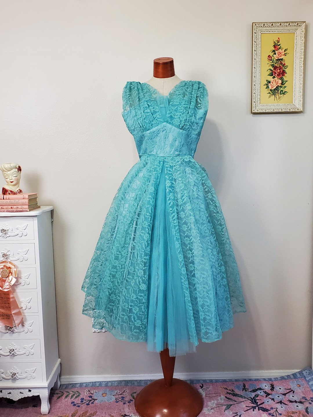 Vintage 1950 s 60 s Turquoise Blue Lace Fit and Flare Prom Dress Crumb Catcher Bodice XS to Small Etsy