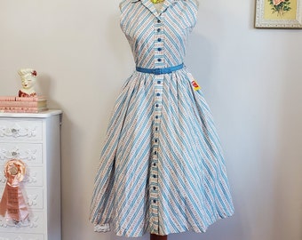 The Bookworm | Vintage 1950's Blue CCross Stitch Stripe Full Gathered Skirt Day Dress | Kay WIndsor Deadstock | Small