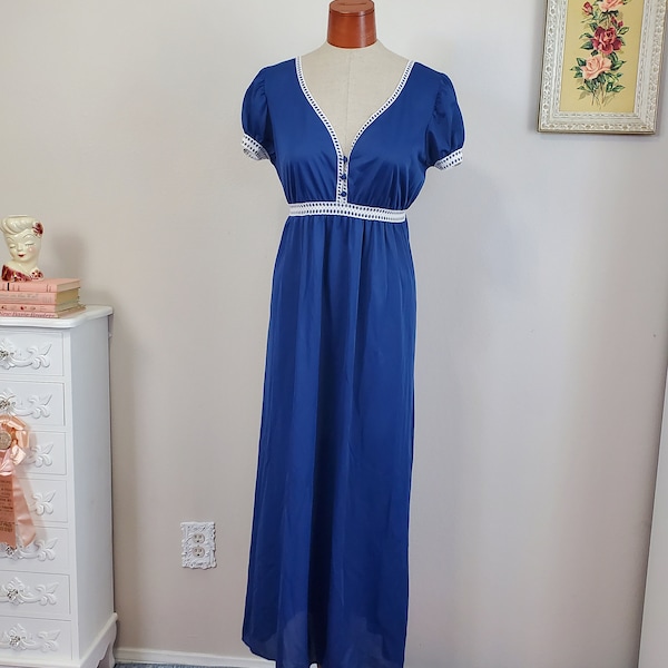 Vintage 1960's / 70's Navy Blue Nylon Nightgown Regency Styled Babydoll Nightwear | Lorraine | Medium to Large