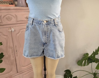 Shorts vaqueros vintage de los años 90, azul claro, de mezclilla, con dobladillo enrollado. 100% algodón. Abercrombie & Fitch Co. Tallas: Grande a XL (cintura 34).