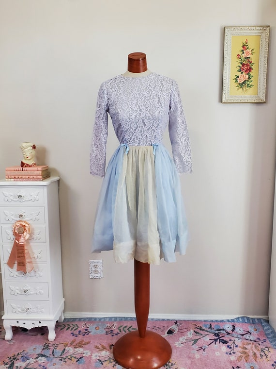 Vintage 1950's Blue Lace And Chiffon Party Dress |