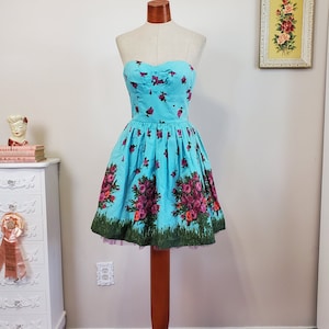 Vintage 1950&#39;s Style Retro Betsey Johnson Blue and Purple Floral Border Print Dress Twirly Skirt | XS