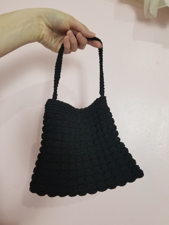 Vintage 1930's / 40's Black Corde Crochet Handbag… - image 8