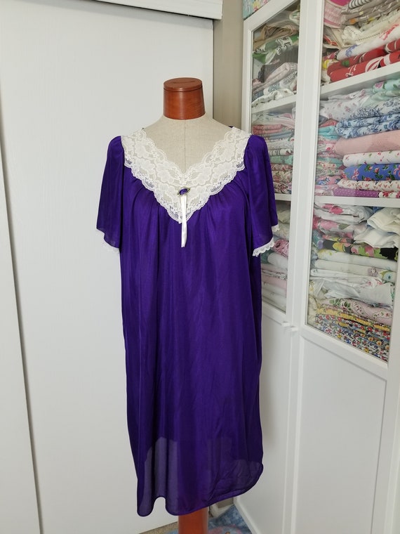 Vintage 1980's Royal Purple Nylon Nightie With La… - image 2