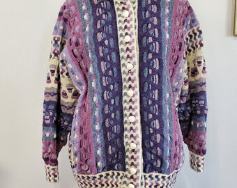 Vintage 1980's Purple Blue and Cream Wool Cardigan Sweater Irish