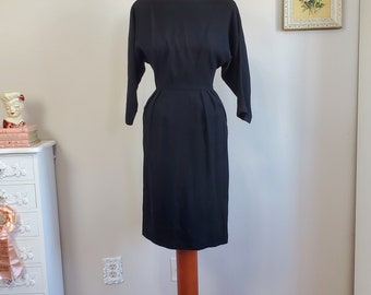 Vintage 1950's / 60's Black Wool 3/4 Sleeve Wiggle Dress With Low Square Back | XS to Small