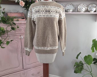 Vintage 1980's / 90's Wool Nordic Style Sweater Taupe Cream Blue Wool Blend 70 Percent Wool | Puritan | Large