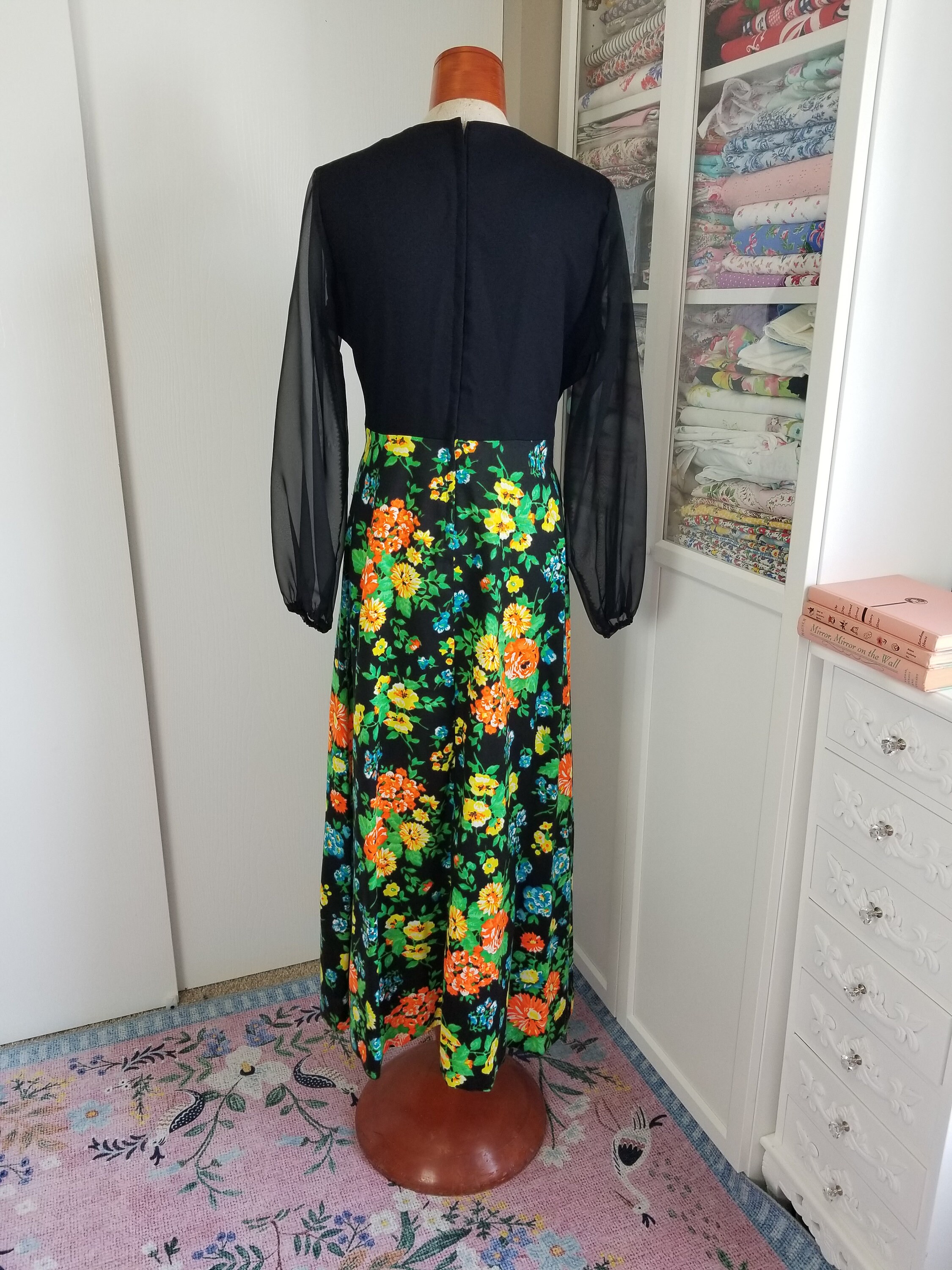 Vintage 1960's / 70's Floral and Black Maxi Boho Dress With Vintage 1960's / 70's Floral and Black Maxi Boho Dress With