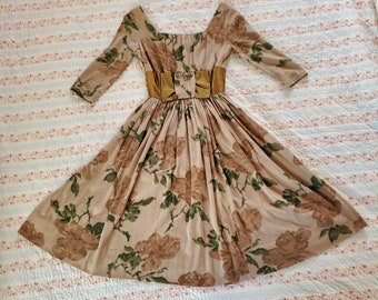 Vintage 1950&#39;s Green and Brown Watered Rose Print Wool Jersey Bow Waist Dress | An Original Jr Theme New York | XS