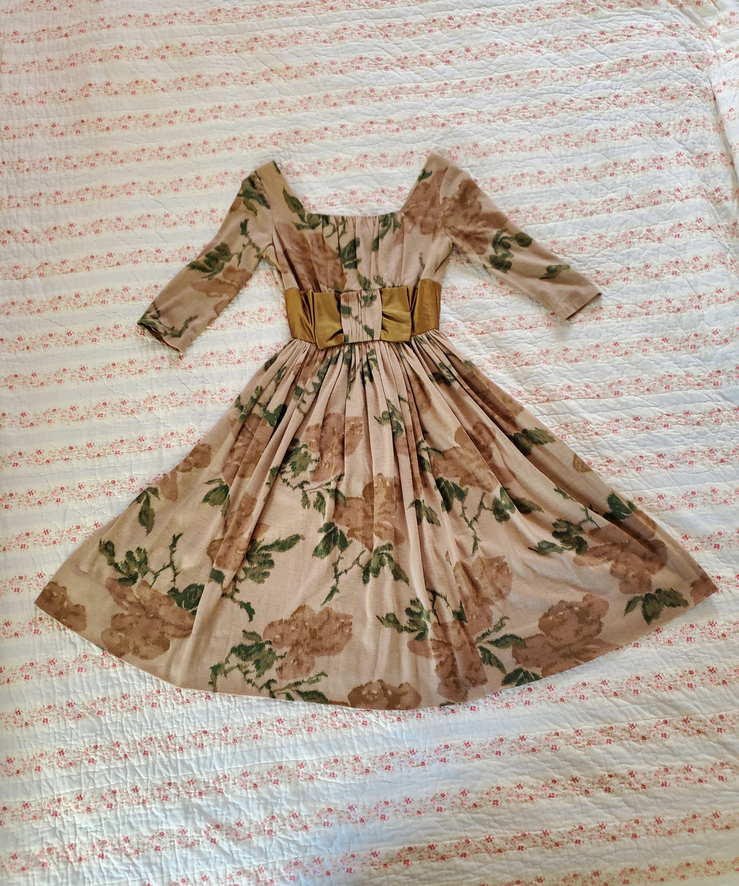 Vintage 1950's Green and Brown Watered Rose Print Wool Jersey Bow Waist Dress | An Original Jr Theme New York | XS