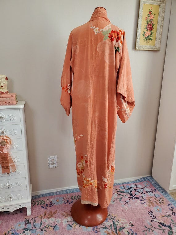 Vintage 1940's Peach Floral Silk Kimono Robe Peon… - image 4