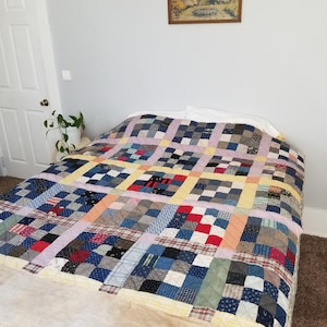 Antique Late 1800 es to Early 1900 es Antique 16 Patch Indigo And Shirting Cotton Quilt / Full Size 80&quot; x 66&quot; / Ohio Quilt