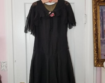 Vintage 1930&#39;s Ethereal Black Silk Dress With PInk Floral Corsage And Saw Tooth Capelet / Walking on A Dream / XS