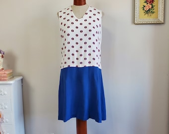 Mod Squad | Vintage 1960's Blue And White Red Circle Signs Linen Feel Mod Mini Dress Scooter Dress | Medium to Large