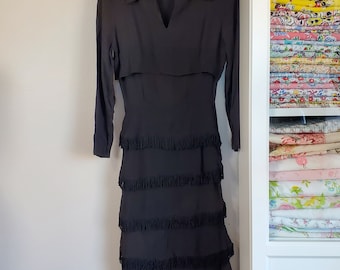 Noir Nights | Vintage 1940's Black Rayon Crepe Fringed and Tiered Wiggle Dress | XS to Small Petite