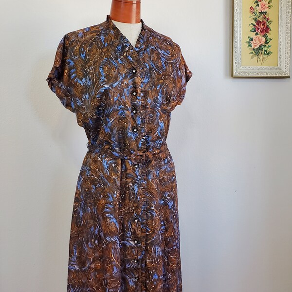 Day Dreams | Vintage 1950's Brown Blue Swirl Abstract Print Button Front A Line Dress With Belt  |  Large to XL