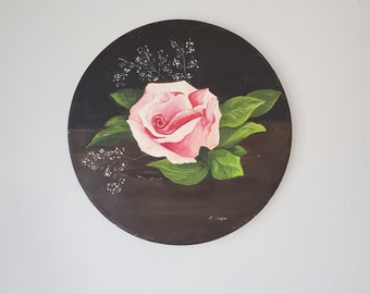 Vintage Pink Rose Circlular Painting Unframed Painting | Artist Signed L. Cooper | Shabby Chic Moody Vintage Painting