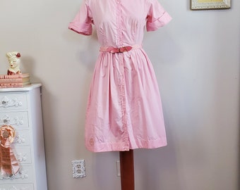 Farm Wife Pink | Vintage 1950's Pink Cotton Button Front Day Dress | Medium Petite | AS IS